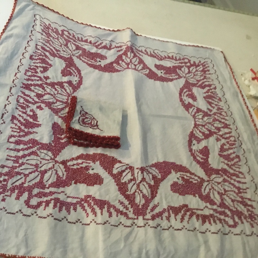 Tablecloth. 30” x 31” with 2 napkins. Cross stitch. Handmade. Vintage